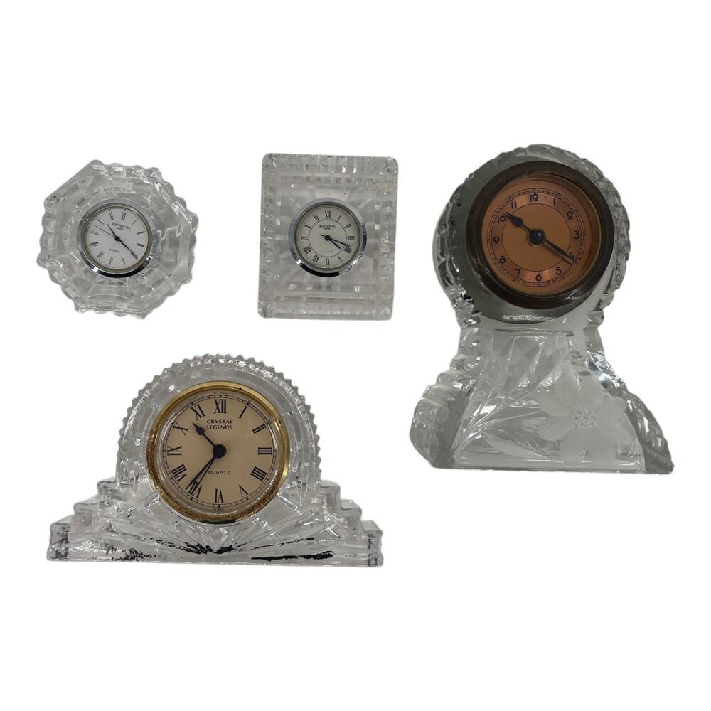 Lot of 4 Vintage Crystal Desk Clocks Waterford Crystal & Crystal Legends Quartz